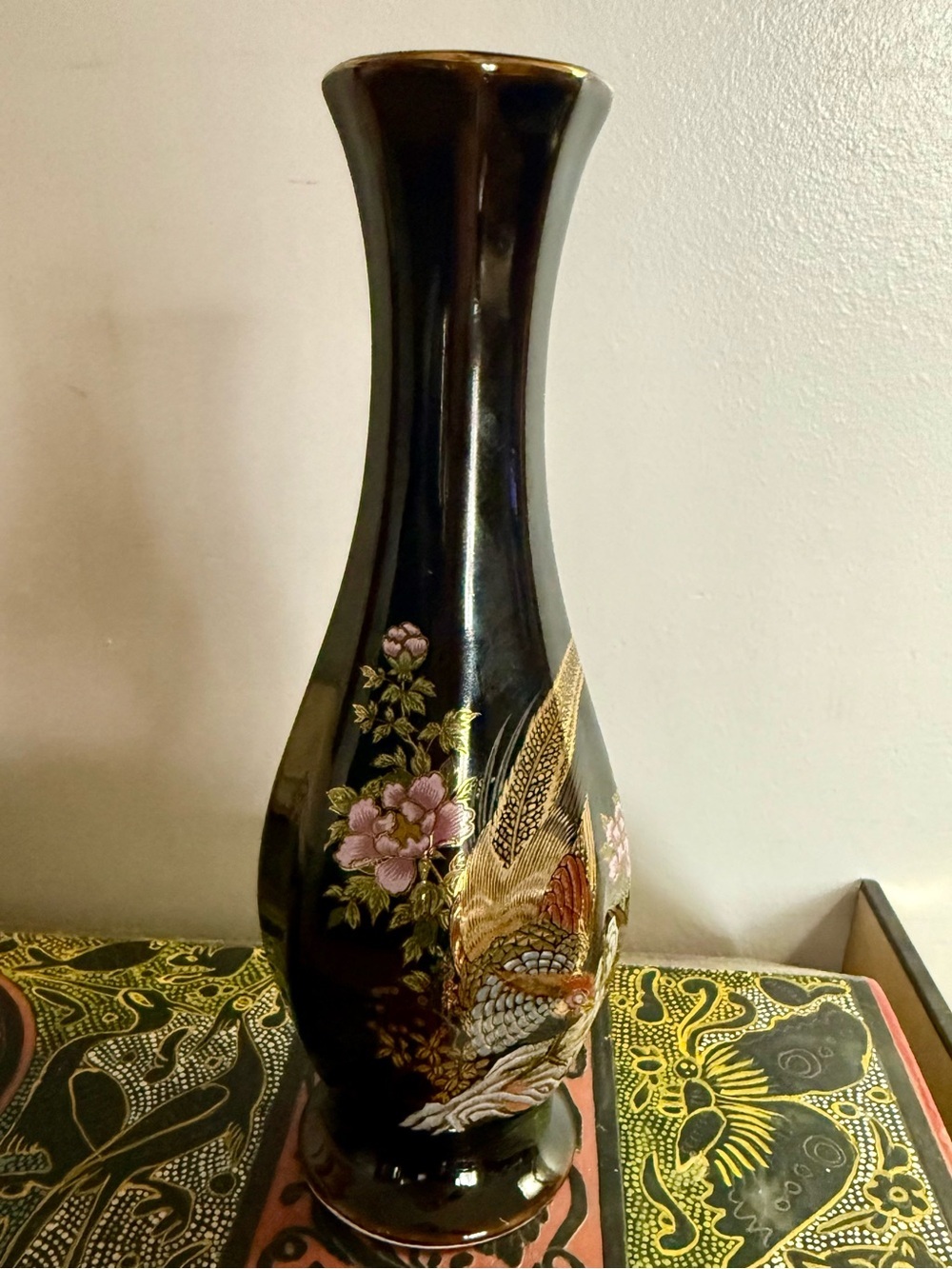 Vintage Japanese Brown Porcelain Vase Gold Gilded Pheasant Floral Design - Picture 5 of 9